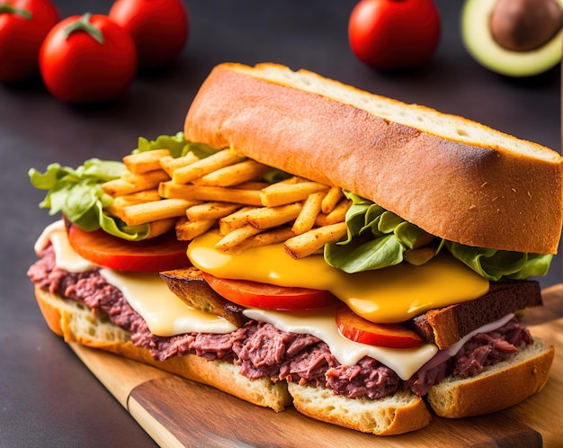 panino con formaggio di manzo e verdure su fondo di legno