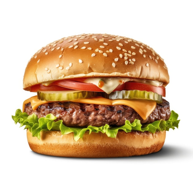 Panino con hamburger di manzo succoso isolato su sfondo bianco