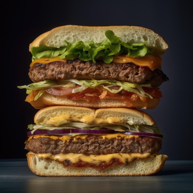 Panino con hamburger di manzo tagliato a metà ripieno di cotoletta di manzo e formaggio su uno sfondo nero girato in studio fotografico