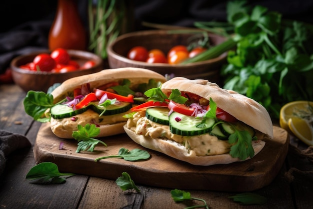 Panino con hummus e pane pita con verdure fresche ed erbe aromatiche creato con l'IA generativa