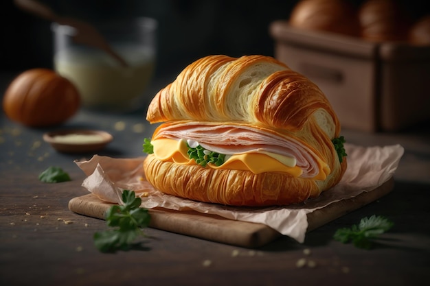 Panino con prosciutto e formaggio su panino con croissant Gustoso panino con croissant AI generato