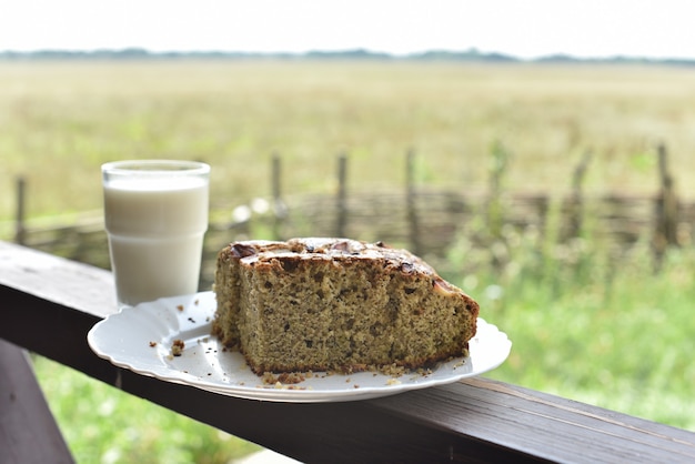 Panino con semi di papavero con un bicchiere di latte. Latte in un bicchiere e torta di semi di papavero su un campo