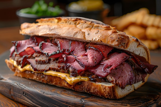 panino con senape di manzo arrosto e ketchup su tavola di legno