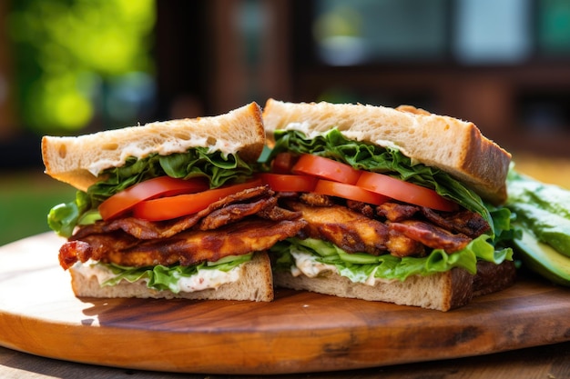 Panino con tempeh bacon blt con lattuga fresca e pomodoro