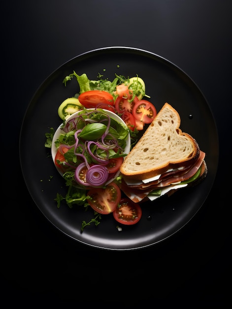 Panino in stile ristorante sulla vista dall'alto della foto in stile ristorante con piatto nero