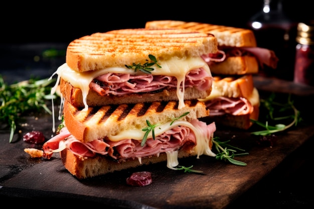 panino Panini alla griglia con prosciutto formaggio pomodoro e rucola sulla tavola di legno