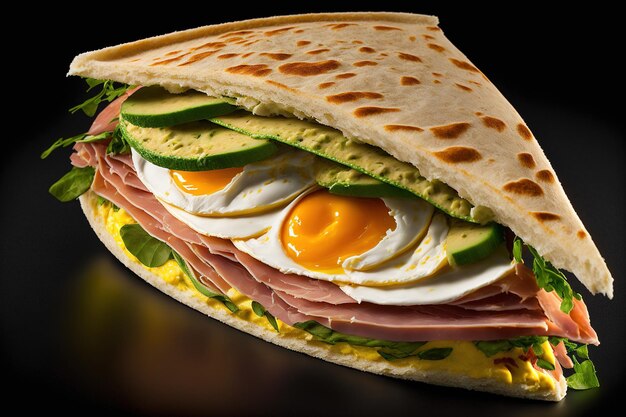 Panino per la colazione con tortilla di uova e prosciutto di avocado fatto in casa