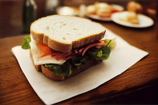 Panino sano su un tavolo di legno che mangia fast food con il ristorante di cibi e bevande di concetto di verdure