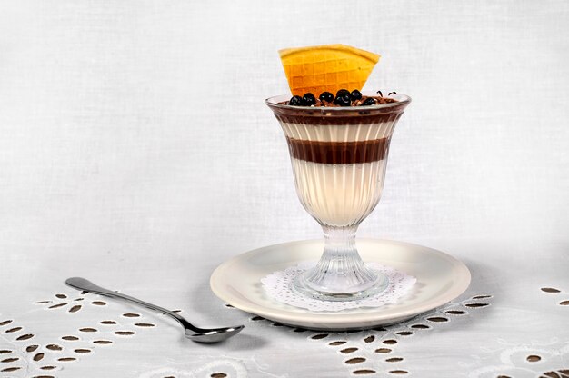 Panna cotta al cioccolato con diversi strati di cioccolato, panna e mirtilli freschi.