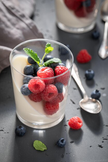 Panna Cotta alla vaniglia e dolce a base di frutti di bosco e latte