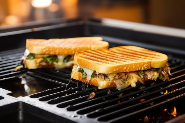 Pannella con panino alla griglia pressato in mattoni sul piano cottura