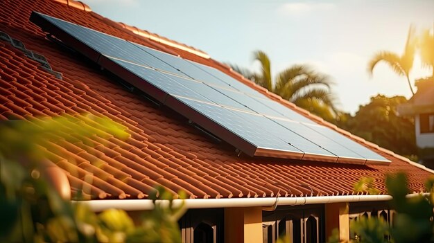 Pannelli fotovoltaici sul tetto di case familiari Pannelli solari Ambiente e concetti tecnologici