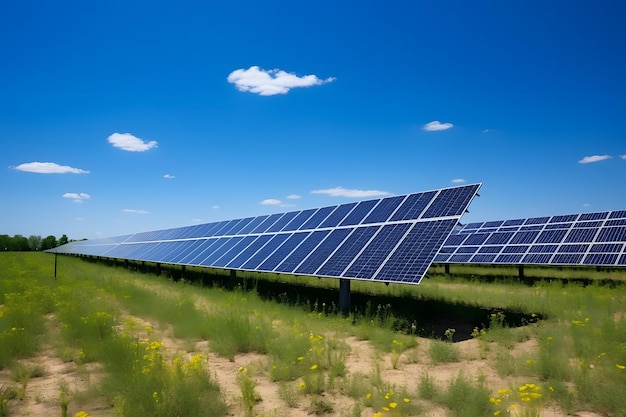 Pannelli solari a energia rinnovabile in un campo di fiori gialli con sfondo cielo blu