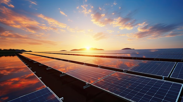 Pannelli solari al tramonto Fattoria solare per la produzione di energia