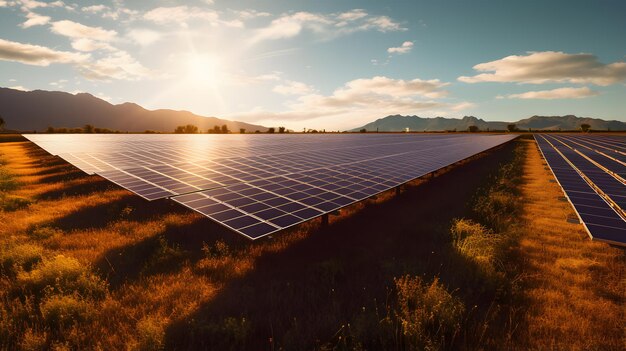 pannelli solari arafed in un campo con il sole che splende AI generativa