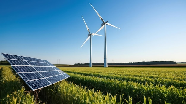 Pannelli solari e attrezzature per la generazione di energia eolica in una fattoria verde