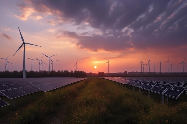 Pannelli solari e turbine eoliche al tramonto fonte di energia elettrica alternativa in Cina Campo di pannelli solari e turbine eoliche con una bella intelligenza artificiale Generato