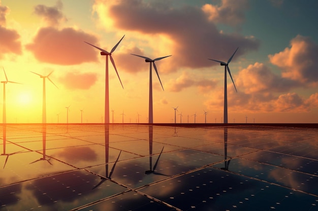 Pannelli solari e turbine eoliche installate per generare elettricità Energia verde e concetto di energia rinnovabile IA generativa