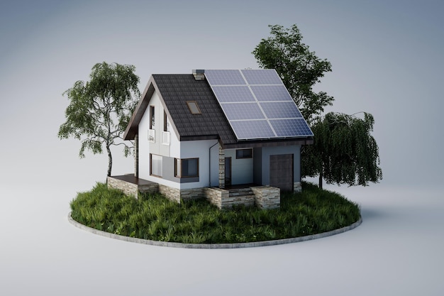 Pannelli solari, energia verde per la casa, sfondo bianco, illustrazione 3d.