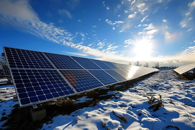 Pannelli solari fotovoltaici nel campo in una soleggiata giornata invernale