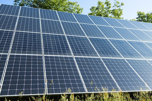 Pannelli solari fotovoltaici sul cielo al tramonto sfondo verde concetto di energia pulita