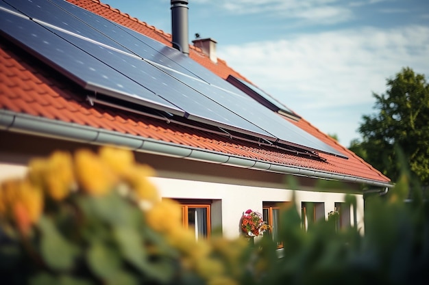 Pannelli solari fotovoltaici sul tetto della casa Casa di campagna moderna con sistema energetico autosufficiente Suburb di Vienna Austria Idea di sfruttare l'energia pulita e sostenibile risparmiando denaro sull'elettricità