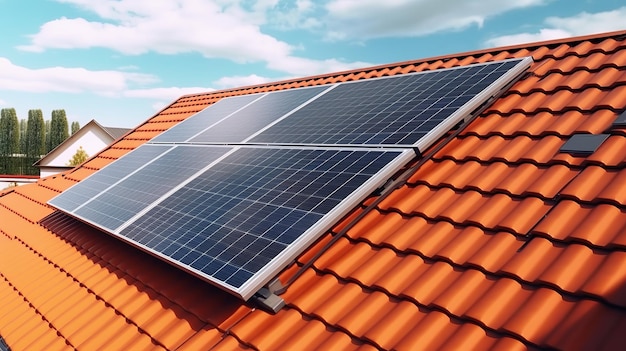Pannelli solari fotovoltaici sul tetto di una casa giorno pulito Generativo ai