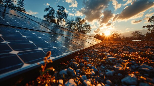 Pannelli solari nel campo al tramonto Fonte di energia alternativa Concetto di energia rinnovabile