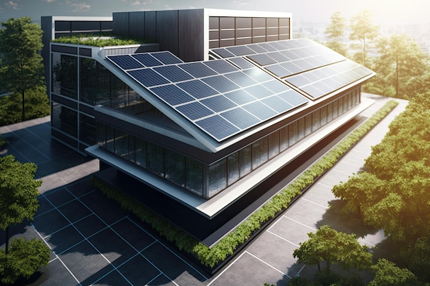 Pannelli solari su un tetto di un edificio ecologico creato con l'IA generativa