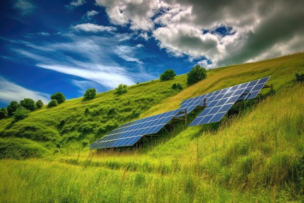 Pannelli solari su una collina verde e un cielo blu sopra creati con l'AI generativa