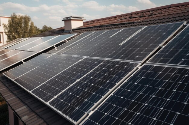Pannelli solari sul tetto di una casa ecologica che generano energia pulita creata con l'ai generativo