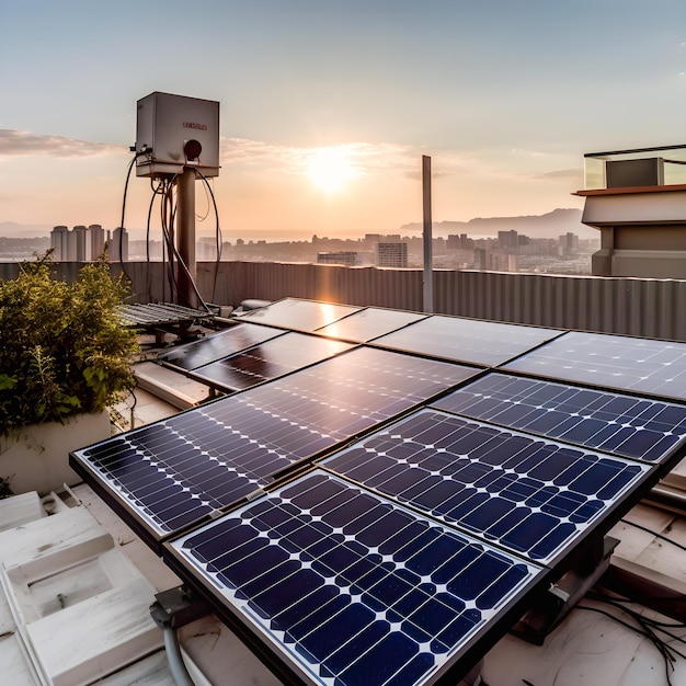 Pannello a energia solare sul tetto di un edificio al tramonto Energia solare IA generativa