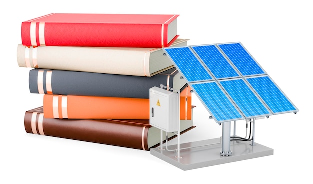 Pannello solare con libri rendering 3D