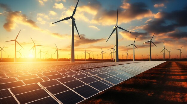 pannello solare con turbina e tramonto sfondo cielo blu concetto di energia pulita