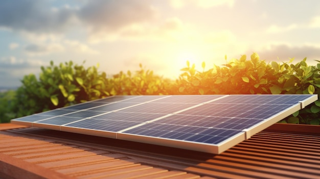 Pannello solare su una superficie in legno con foglie verdi sullo sfondo bagnato dalla luce solare calda che raffigura l'energia rinnovabile
