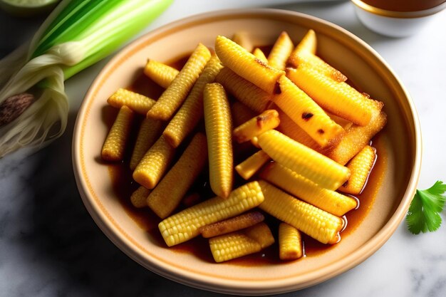 Pannocchia di mais fritta in una ciotola di argilla