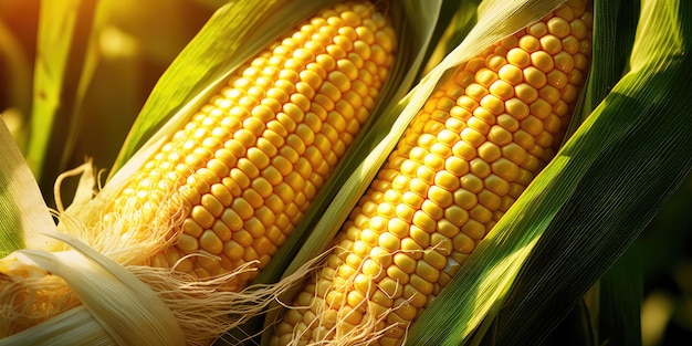 Pannocchie di mais fresche in un primo piano del campo di mais Scena di agricoltura e raccolta