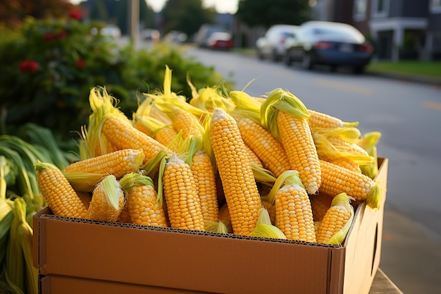 Pannocchie di mais in una scatola di cartone su una strada Cibo vegetariano raccolto fresco