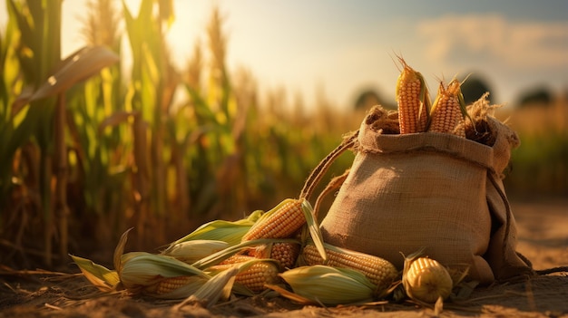 Pannocchie di mais mature in un campo raccolto durante la giornata autunnale in un campo di mais agricolo rurale o in una piantagione di mais