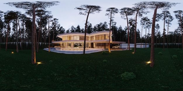 Panorama 360 di una moderna casa con piscina. architettura di lusso