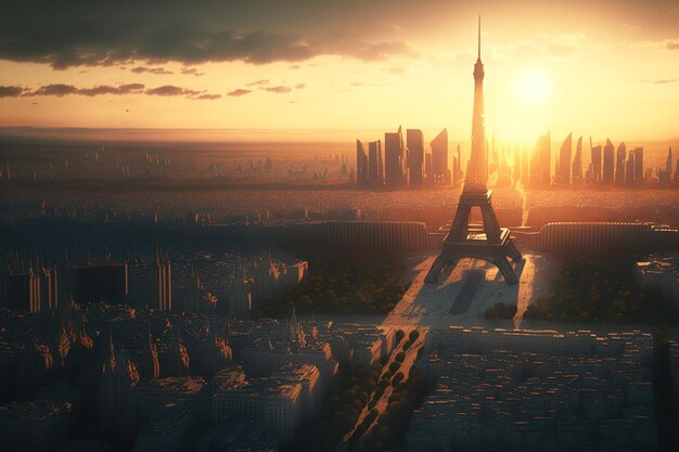 Panorama aereo di Parigi la Torre Eiffel e l'area commerciale La Defense tramonto aerea