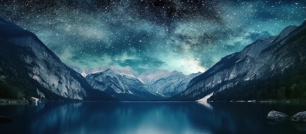Panorama con cielo notturno stellato con stelle e via lattea sopra le montagne e l'acqua del lago Illustrazione dell'IA generativa