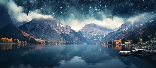 Panorama con cielo notturno stellato con stelle e via lattea sopra montagne e acqua del lago Illustrazione generativa di AI