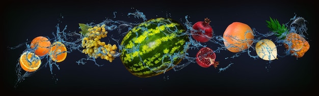 Panorama con frutti in acqua succosa uva arancione anguria melograno pompelmo pera ananas aumenta l'immunità umana