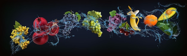 Panorama con frutti in acqua succosa uva melograno banana arancia avocado sono ricchi di vitamine e minerali