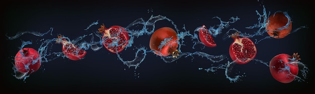 Panorama con frutti in acqua succosi melograni una potente sferzata di energia per l'intera giornata