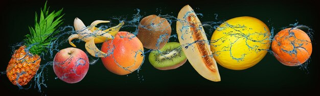 Panorama con frutti in acqua succosi pompelmi ananas kiwi mela kiwi melone sono pieni di vitamine e sostanze nutritive e coccolano gli ospiti per una vacanza