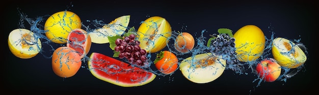 Panorama con frutti in acqua succoso melone pompelmo anguria pera cachi uva mela vitamine e minerali sono un dono del sole