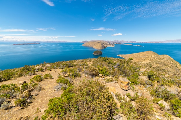 Panorama dall'isola del sole, lago Titicaca, Bolivia