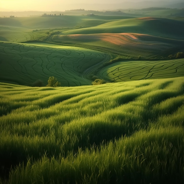 Panorama del campo di grano verde con cielo blu e sole sullo sfondo